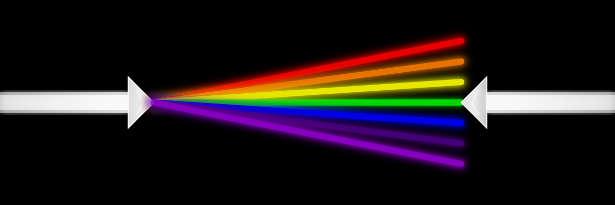 White light dispersing through prism into ROYGBIV spectrum and reconverging back to white light